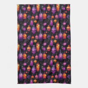 Linge De Cuisine Halloween Crânes d'horreur Potion orange violet