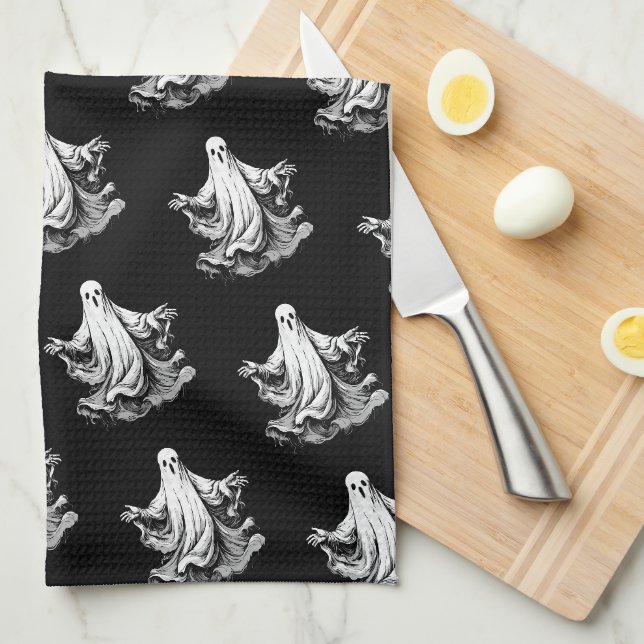 Linge De Cuisine Halloween éffrayant avec fantômes noirs et blancs (Quart Plié)