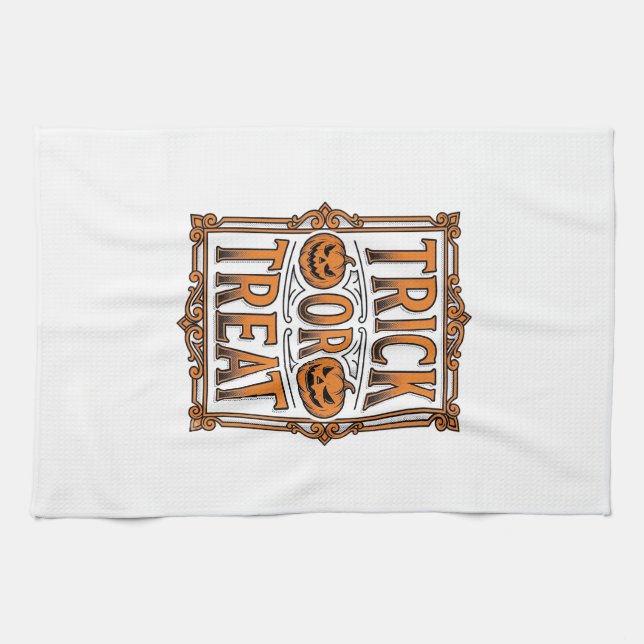 Linge De Cuisine Halloween Farce Friandise Citrouilles Crânes Gravu (Horizontal)