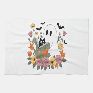 Linge De Cuisine Halloween Ghost Reading Book Cat