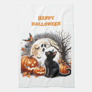 Linge De Cuisine Halloween Jack-o'-lantern Citrouille Chat Blanc