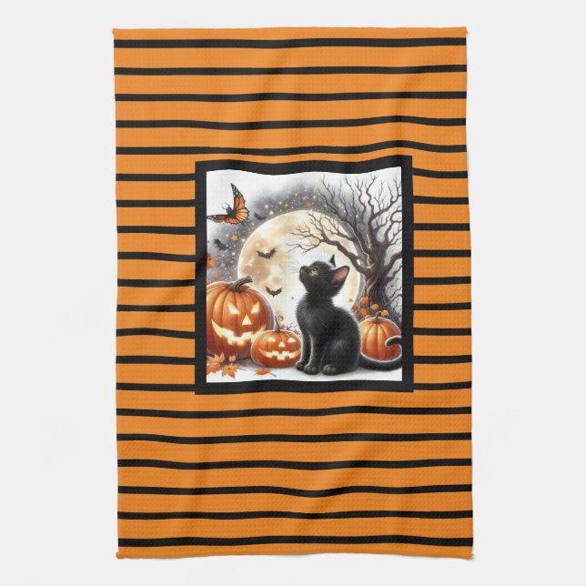 Linge De Cuisine Halloween Jack-o'-lantern Citrouille et chat (Vertical)
