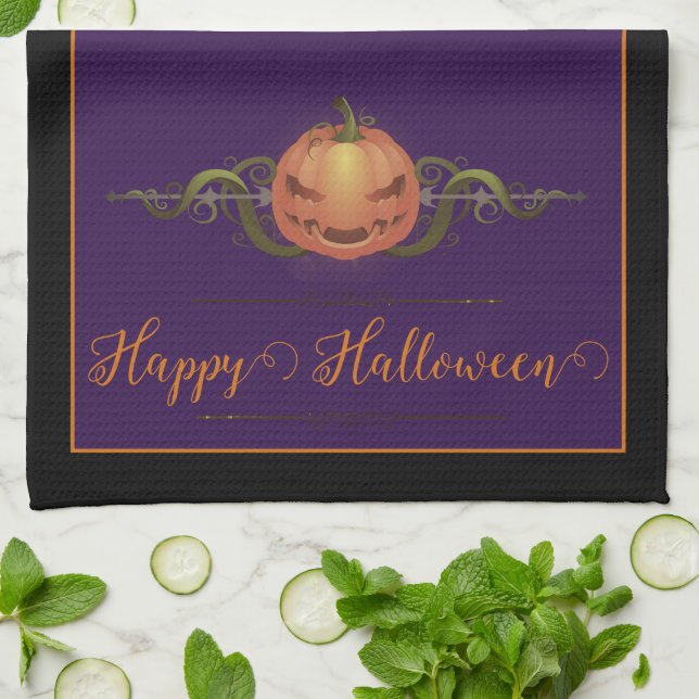 Linge De Cuisine Halloween Jack-o-lanterne effrayant | Noir (Plié)