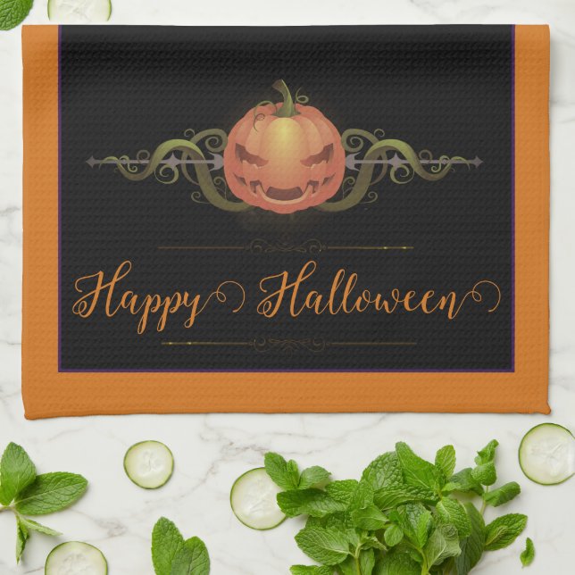 Linge De Cuisine Halloween Jack-o-lanterne effrayant | Orange (Plié)