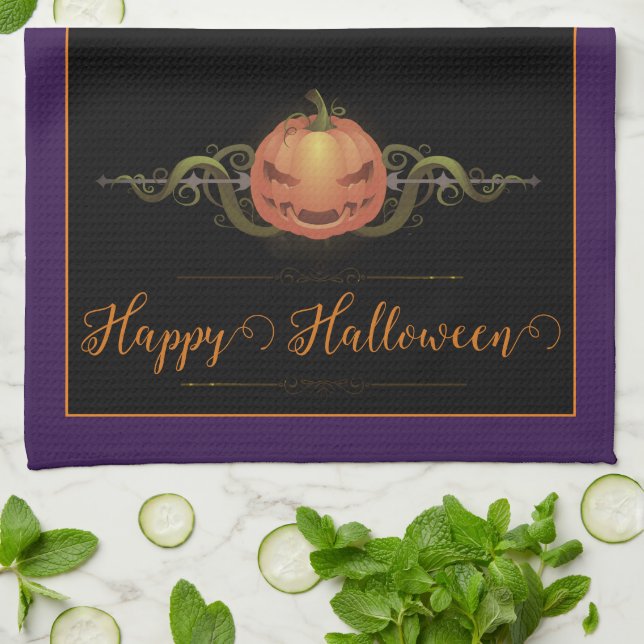 Linge De Cuisine Halloween Jack-o-lanterne effrayant | Violet (Plié)