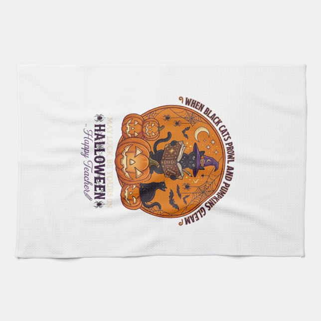 Linge De Cuisine Halloween Joyeux Professeur Chat Noir Sorcière Cha (Horizontal)
