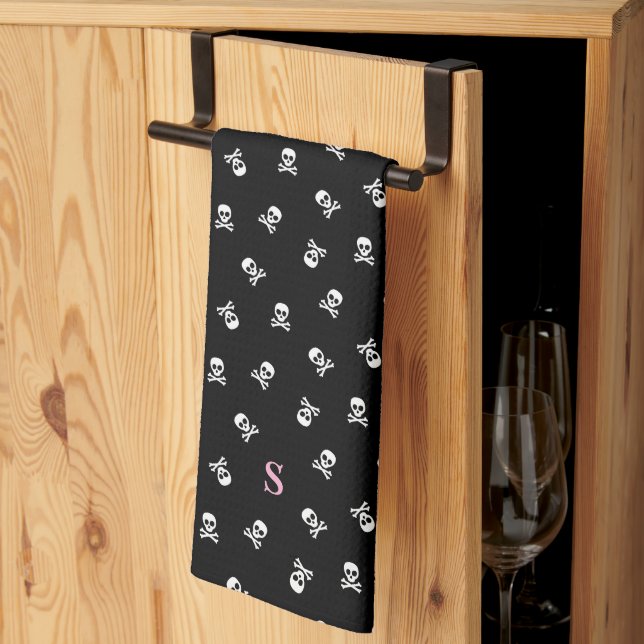Linge De Cuisine Halloween monogramme et crâne croisé (Pliage en tiers)