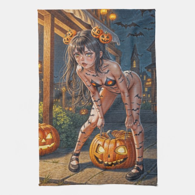 Linge De Cuisine Halloween Monster Jack-o-Lantern & Bat Vixen Girl (Vertical)
