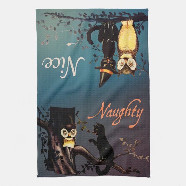 Linge De Cuisine Halloween Naughty ou Nice Towel - Chat et hibou (Vertical)
