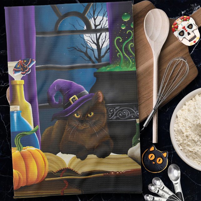 Linge De Cuisine Halloween sorcière chat violet magie (Créateur téléchargé)