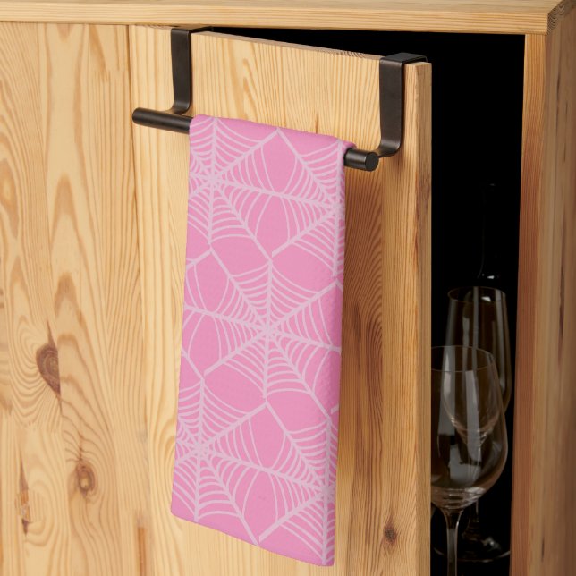 Linge De Cuisine Halloween Spider Webs en rose et blanc (Pliage en tiers)