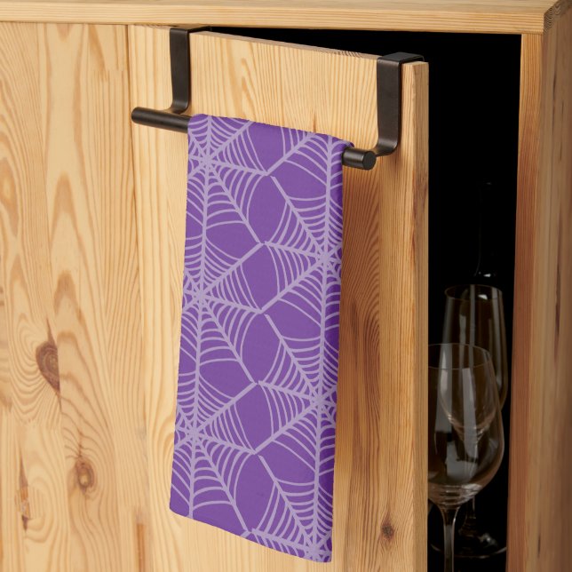 Linge De Cuisine Halloween Spider Webs en violet et blanc (Pliage en tiers)