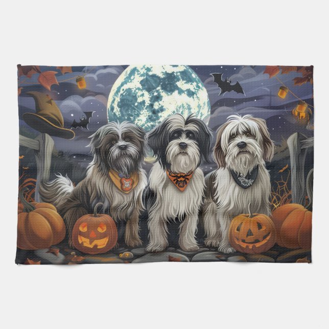Linge De Cuisine Halloween Tibétain Terrier Éffrayant (Horizontal)