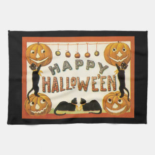Linge De Cuisine Halloween vintage, Chats noirs avec Jackolanterns
