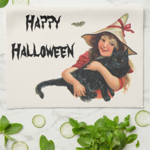 Linge De Cuisine Halloween vintage, sorcière avec chat noir