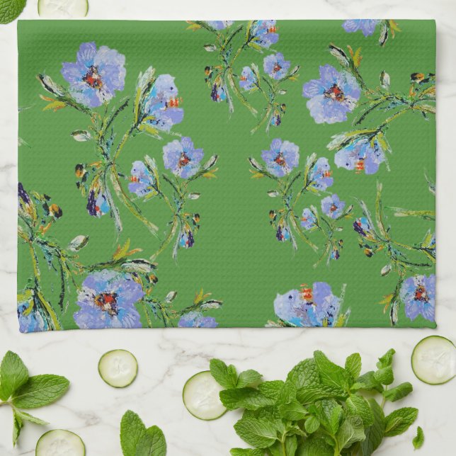 Linge De Cuisine Hand-Painted Blue Flowers on Lovely Green Tea Towe (Plié)