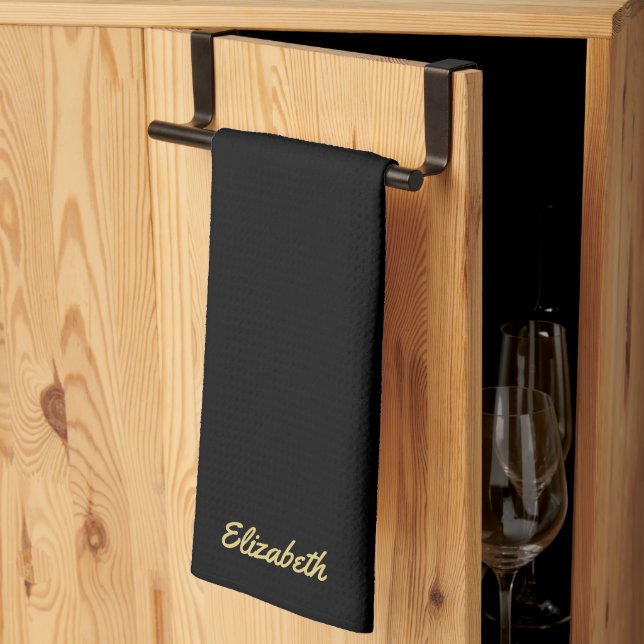 Linge De Cuisine Handwritten Script Name Elegant Black And Gold (Pliage en tiers)