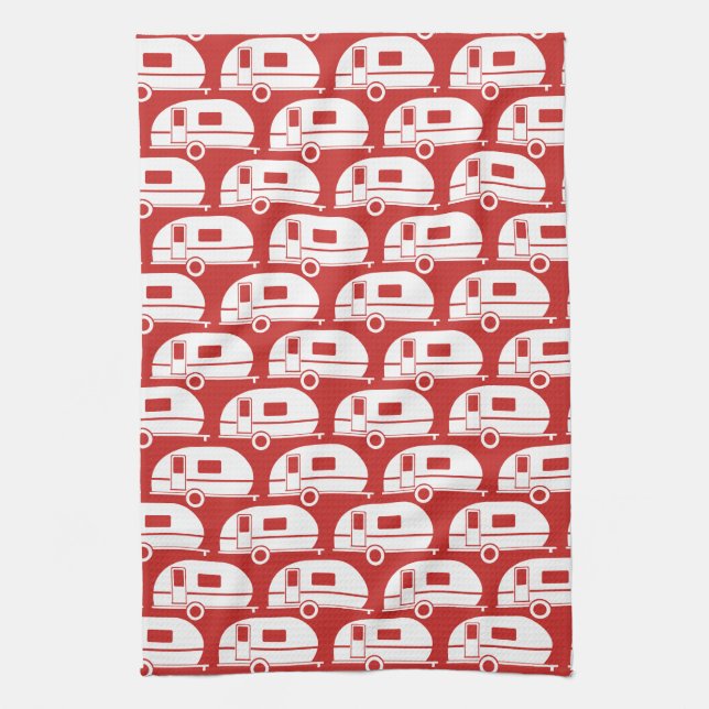 Linge De Cuisine Happy Camper| Décor moderne de camping Blanc rouge (Vertical)