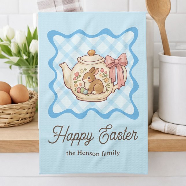 Linge De Cuisine Happy Easter Bunny Teapot Gingham  (Créateur téléchargé)