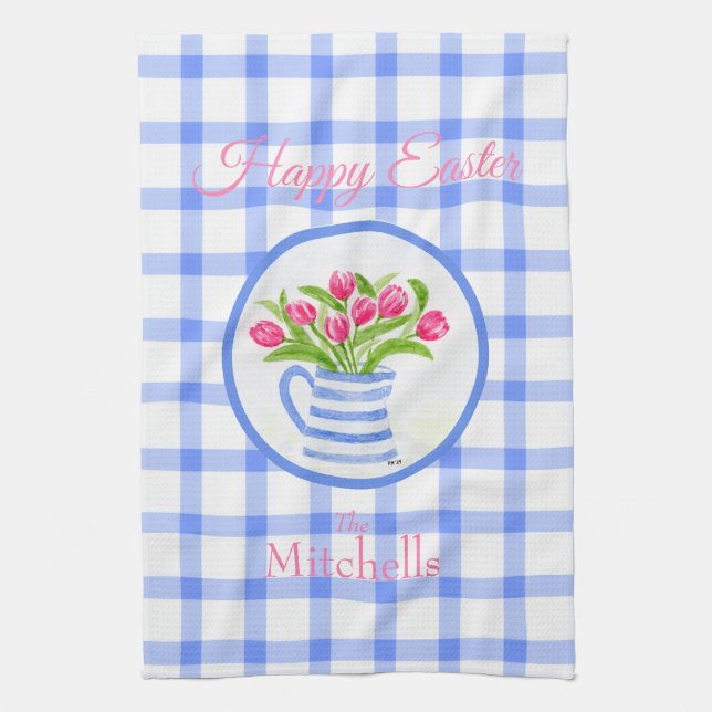 Linge De Cuisine Happy Easter Watercolor Tulips Blue Check (Vertical)