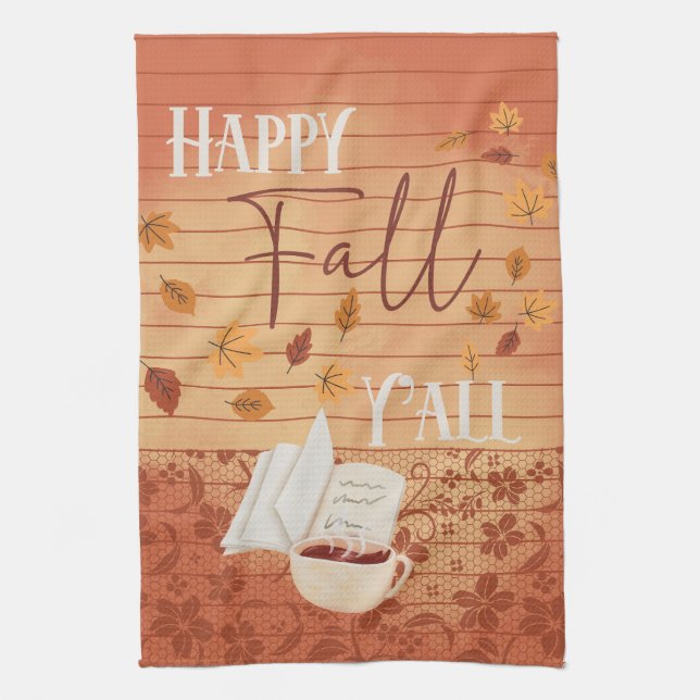 Linge De Cuisine Happy Fall Y'all avec café et feuilles d'automne (Vertical)
