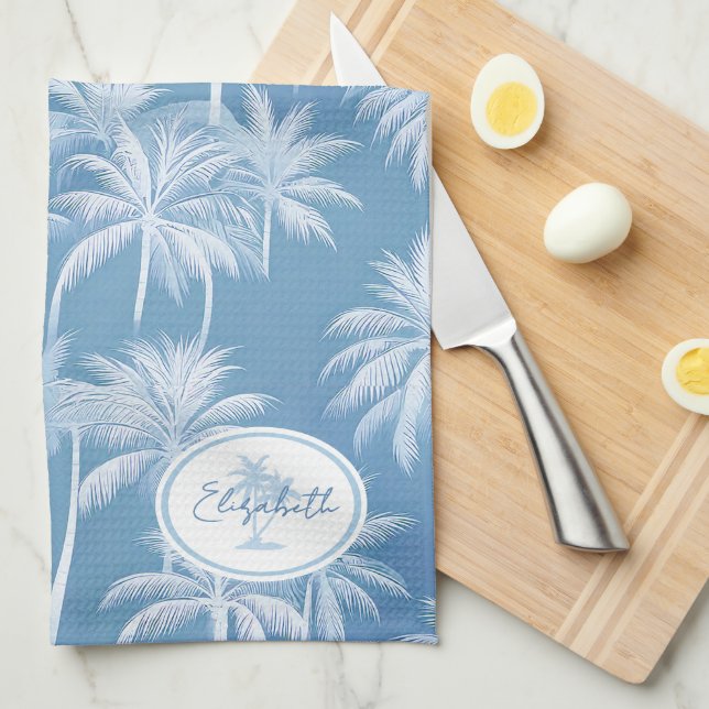 Linge De Cuisine Hawaiian Palm Tree Silhouette Motif Blue ID1093 (Quart Plié)