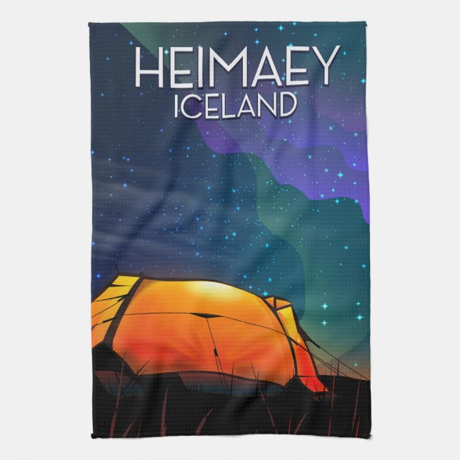 Linge De Cuisine Heimaey, Islande, affiche de vacances de camping. (Vertical)