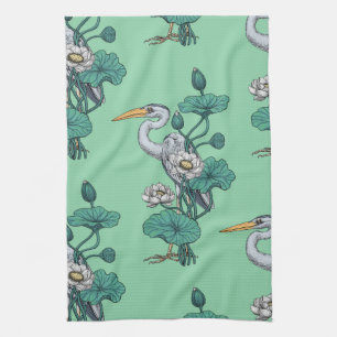 Linge De Cuisine Héron dans le jardin de lotus blanc sur jade