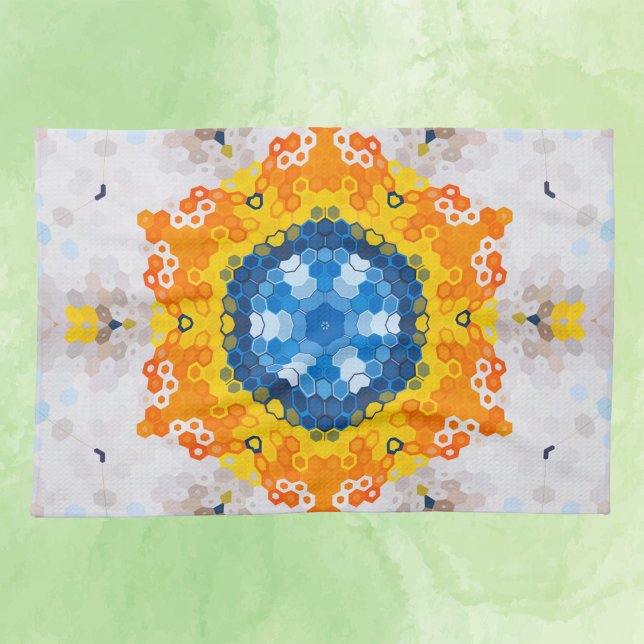 Linge De Cuisine Hex Mandala bleu jaune orange et blanc (Créateur téléchargé)