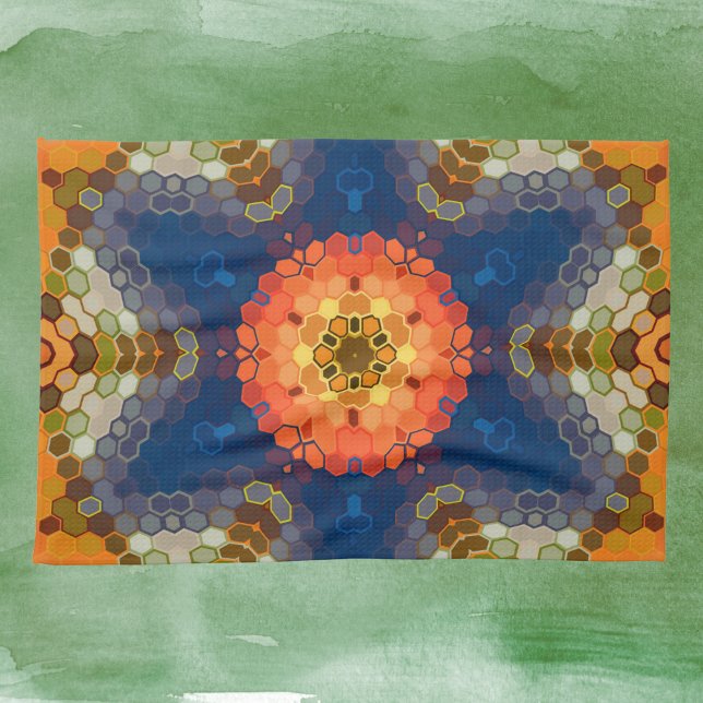 Linge De Cuisine Hex Mandala bleu orange et rouge (Blue Orange and Red Hexagon Mandala Kitchen Towel by Wormhole Orbital)