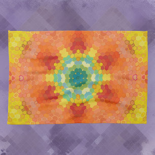 Linge De Cuisine Hex Mandala orange jaune rouge et bleu