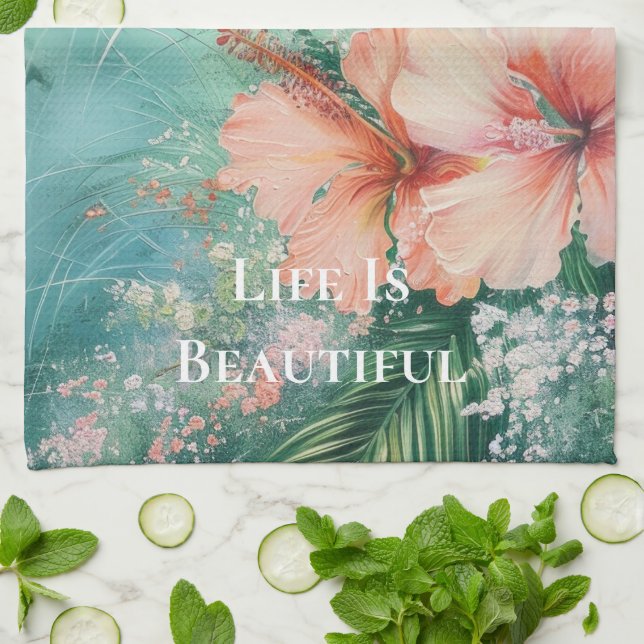 Linge De Cuisine Hibiscus blanc de pêche tropicale Floral (Plié)