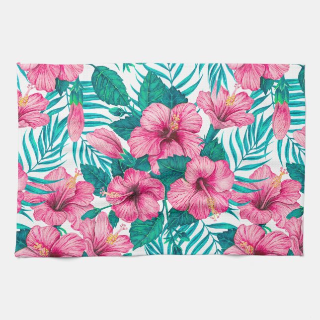 Linge De Cuisine Hibiscus et palmiers feuilles (Horizontal)