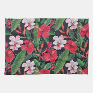 Linge De Cuisine hibiscus rouge, orchidées, aquarelle tropicale.