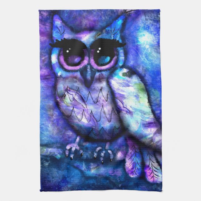 Linge De Cuisine Hibou Abstrait Capriceux Gros Yeux Bleu Violet (Vertical)