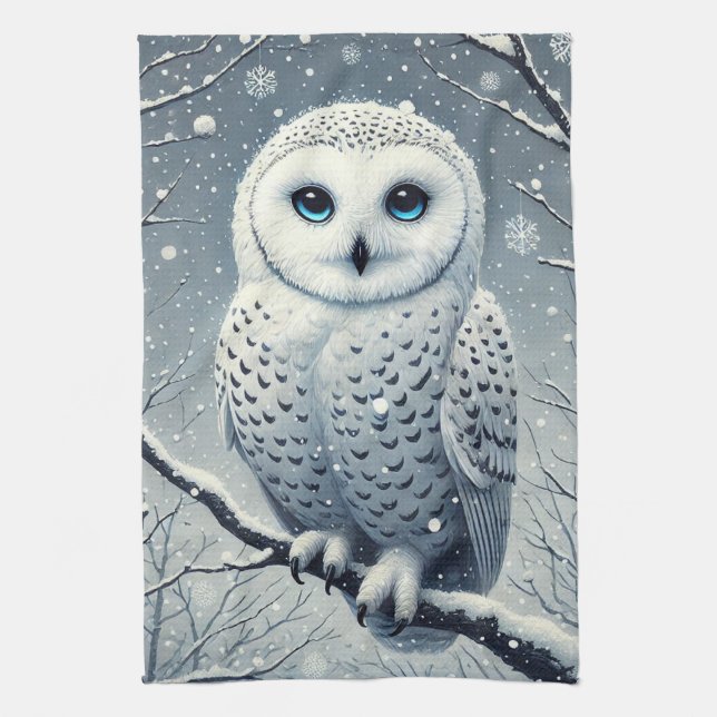 Linge De Cuisine Hibou des neiges perché sur une branche enneigée  (Vertical)