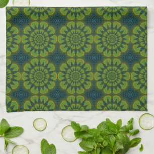Linge De Cuisine Hippie Abstraite Vert & Marine Fleurs Bleues Ethni