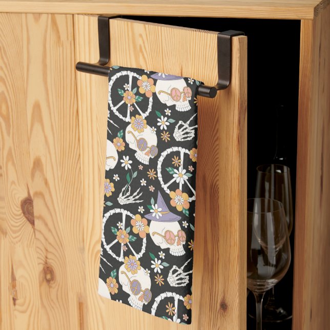Linge De Cuisine Hippie Halloween Skulls et Fleurs Motif (Pliage en tiers)