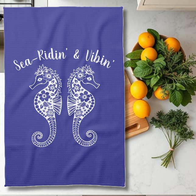 Linge De Cuisine Hippocampe-Hawaï-Pêcheur-Coeur Bleu (Sea horses-Fisherman Core-Hawaiian-Tropical-Kitchen Towel-Beach House Decor-Deep Blue)
