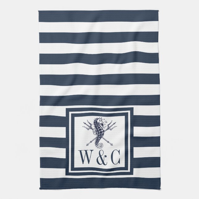 Linge De Cuisine Hippocampe rayé bleu marine Monogramme Nautilus (Vertical)