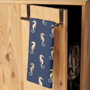 Linge De Cuisine Hippocampes de ton doré sur fond bleu marine