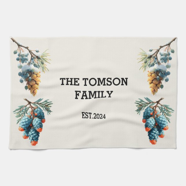 Linge De Cuisine Hiver Pine Cones Nom de famille Design (Horizontal)