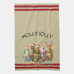 Linge De Cuisine Holly Jolly - Poulets de Noël avec chapeaux de Pèr