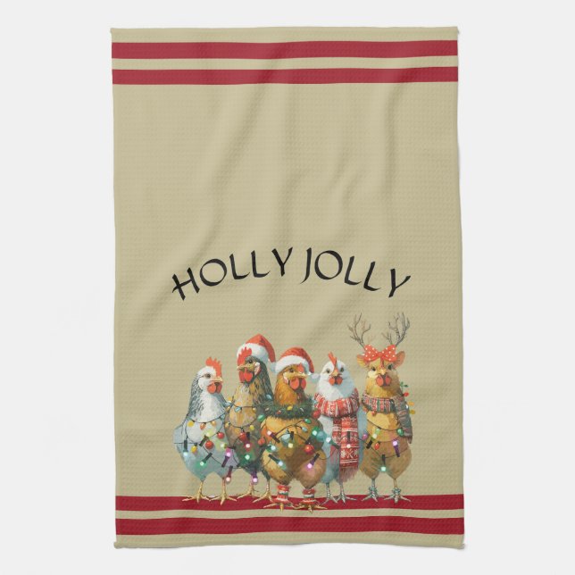 Linge De Cuisine Holly Jolly - Poulets de Noël avec chapeaux de Pèr (Vertical)