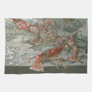 Linge De Cuisine Homards dans l'océan, Art Nouveau Vintage