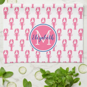 Linge De Cuisine Homards roses sur blanc avec Monogramme de marine