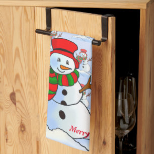 Linge De Cuisine Homme de neige sur arrière - plan bleu et flocons 