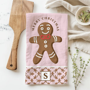 Linge De Cuisine Homme en pain d'épices Monogramme rose Joyeux Noël