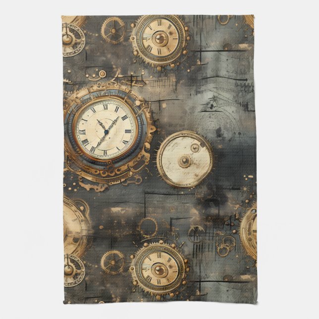 Linge De Cuisine Horloge Ancienne Steampunk Engrenages Bronze Noir (Vertical)