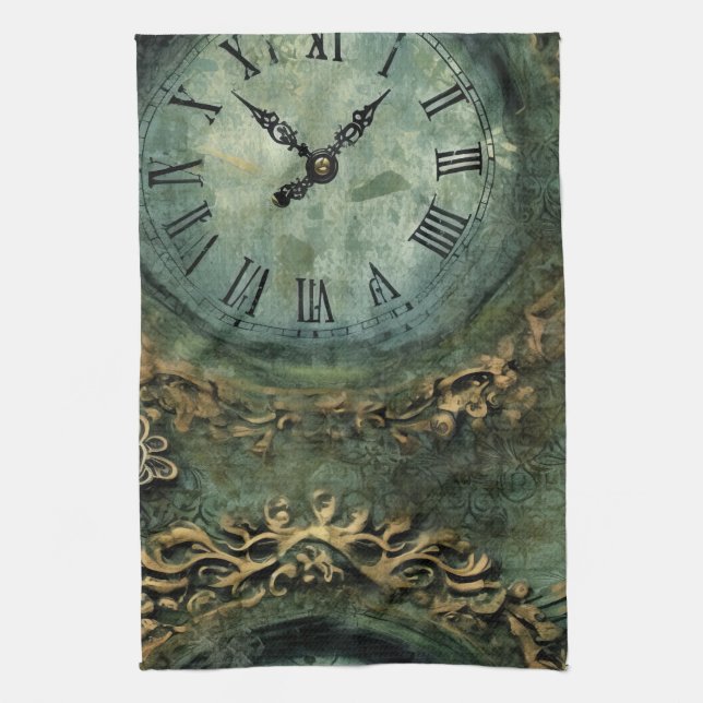 Linge De Cuisine Horloge Steampunk Rustique Vert Émeraude (Vertical)